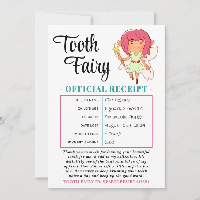 Tooth Fairy Receipt Tooth Loss Certificate Invitation (Front)