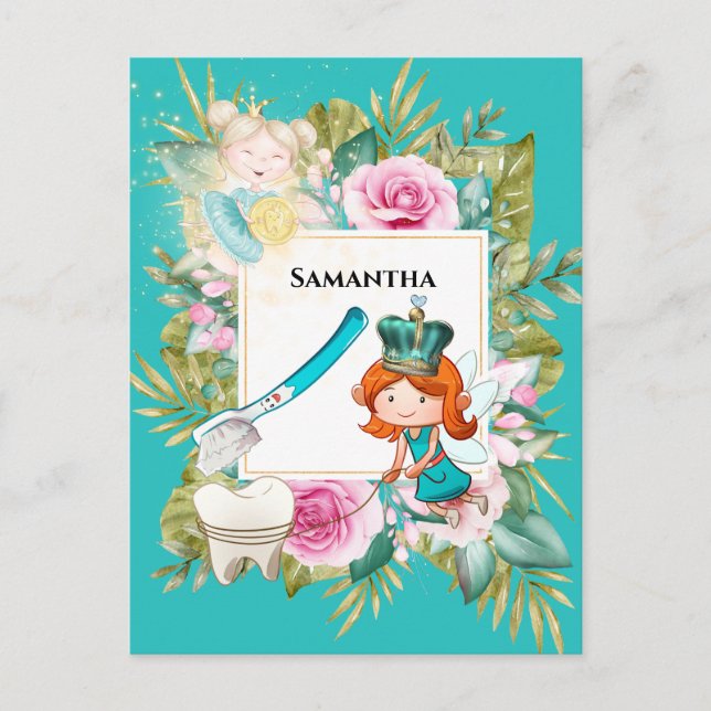 Tooth fairy toothbrush gold coin rose frame postcard (Front)