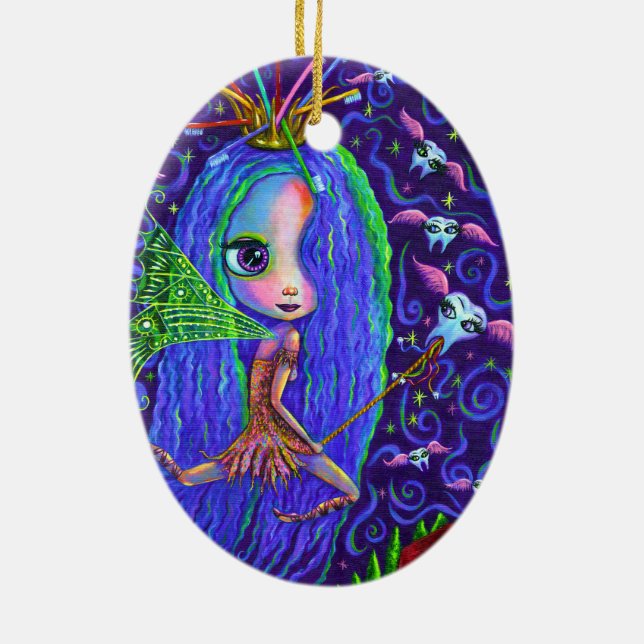 Tooth Fairy with Toothbrush Crown & Flying Teeth Ceramic Tree Decoration (Back)