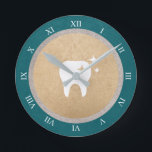 Tooth | Gold & Silver Cyan Dental Roman Numerals Round Clock<br><div class="desc">Elegant wall clock for a dentist with a shiny white tooth atop faux gold foil and white roman numerals.</div>