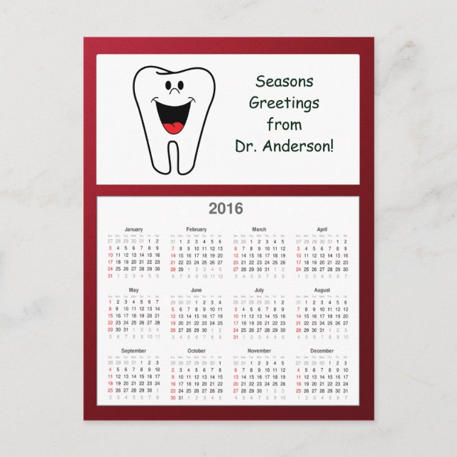 Tooth Happy Holidays from Dentist 2016 Calendar Holiday Postcard (Front)