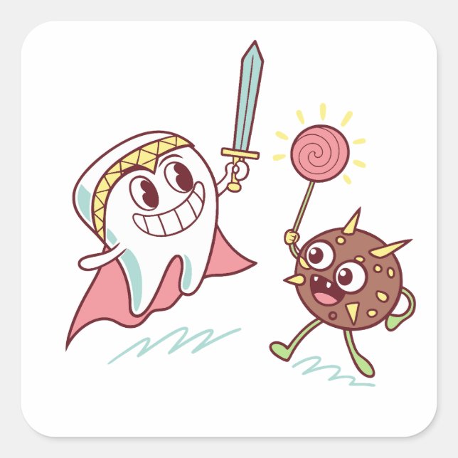 Tooth Hero vs Bacteria Monster Fun Dental Cartoon  Square Sticker (Front)