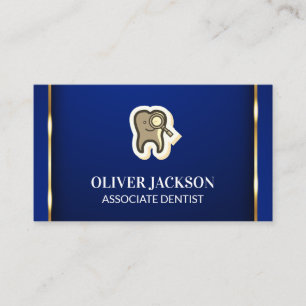 Tooth Magnifying Icon   Gold Trim Blue Background Business Card