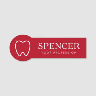 Tooth outline red dentist dental clinic name tag