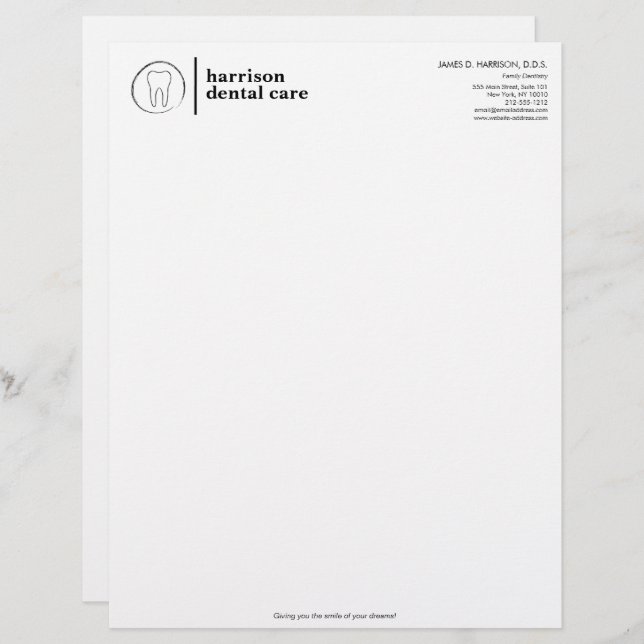 Tooth Sketch Logo Black/White Dentist Custom Letterhead (Front/Back)