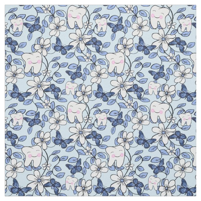 Tooth Toile / Dental Floral in Blues Fabric (Swatch)