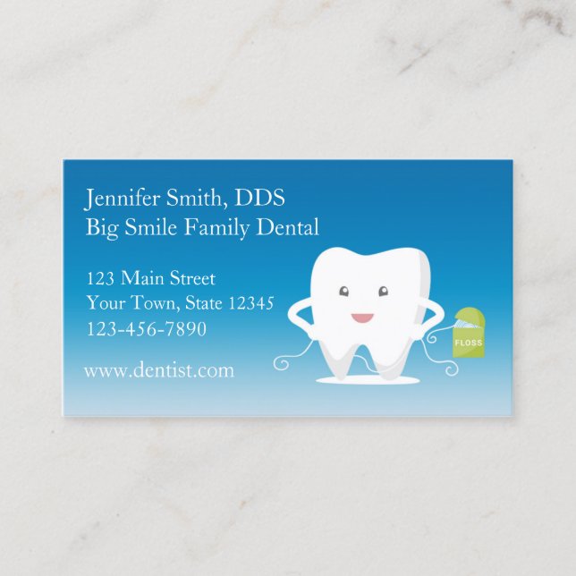 Tooth with Floss, Dentist Business Card (Front)