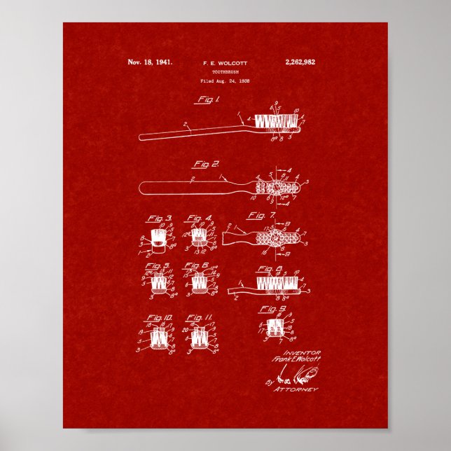 Toothbrush Patent - Burgundy Red Poster (Front)