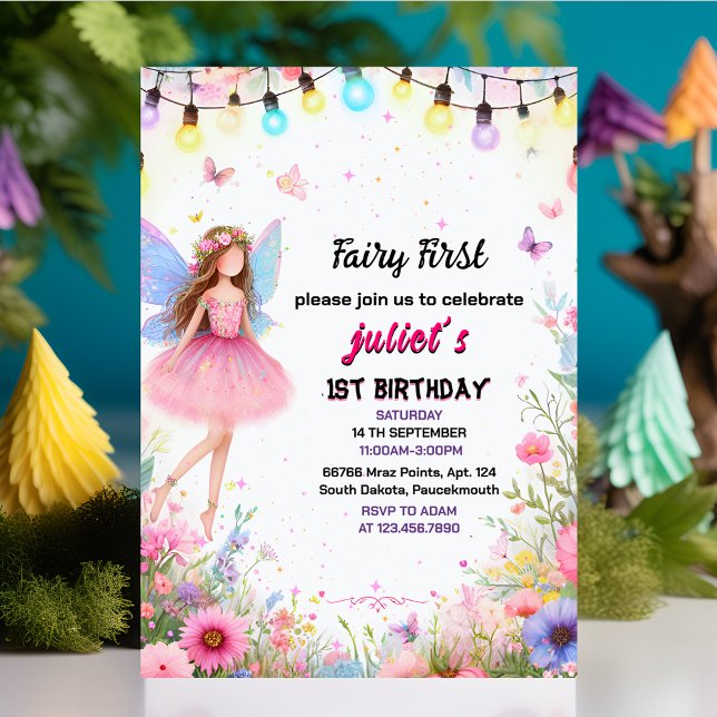 top cute Floral Pink girl fairy first 1st birthday Invitation (Creator Uploaded)