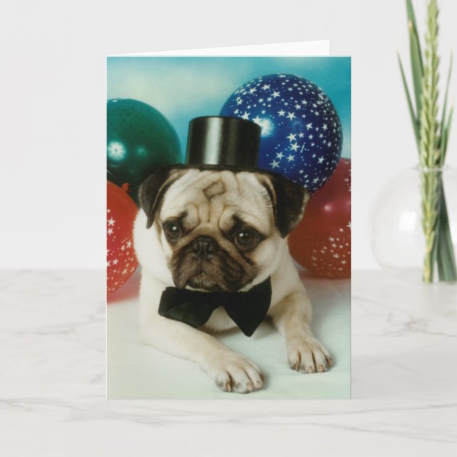 Top Hat Birthday Pug Card (Front)