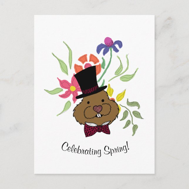 Top Hat Bow Tie Spring Flowers Groundhog Holiday Postcard (Front)