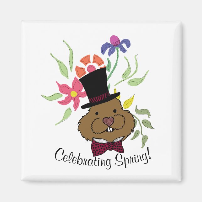 Top Hat Bow Tie Spring Flowers Groundhog Magnet (Front)
