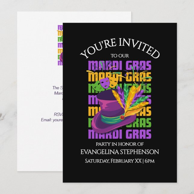 Top Hat Feathers MARDI GRAS Party Invitation (Front/Back)