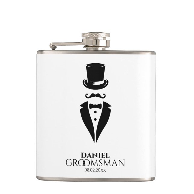 Top-hat Moustache Tux Personalise Groomsmen Hip Flask (Front)