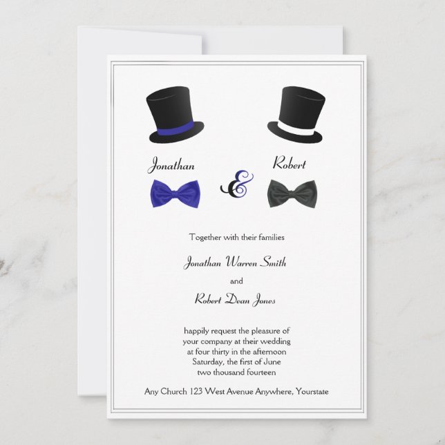 Top Hats and Bow Ties Blue Gay Wedding Invitation (Front)