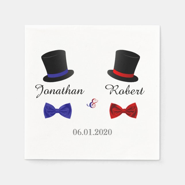 Top Hats and Bow Ties Gay Red Blue Wedding Napkin (Front)