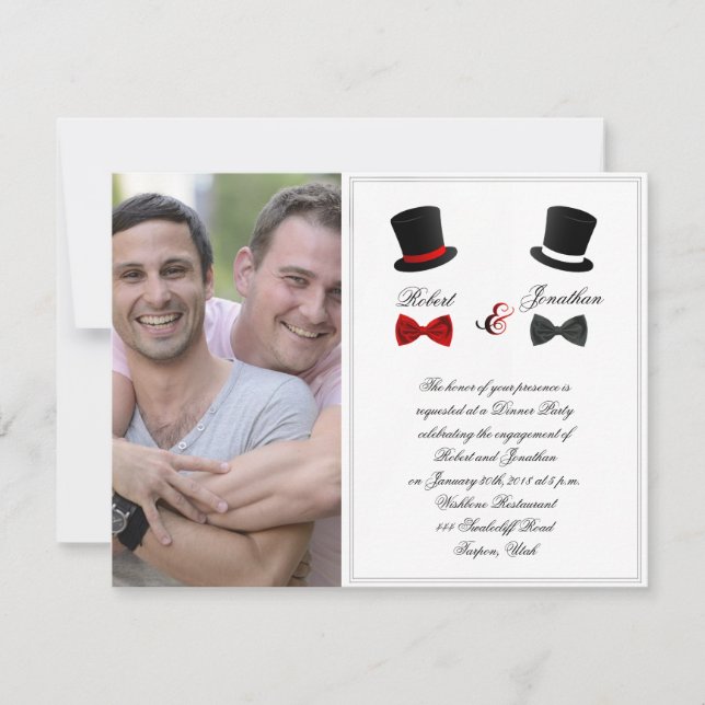 Top Hats and Bow Ties Gay Wedding Engagement Invitation (Front)