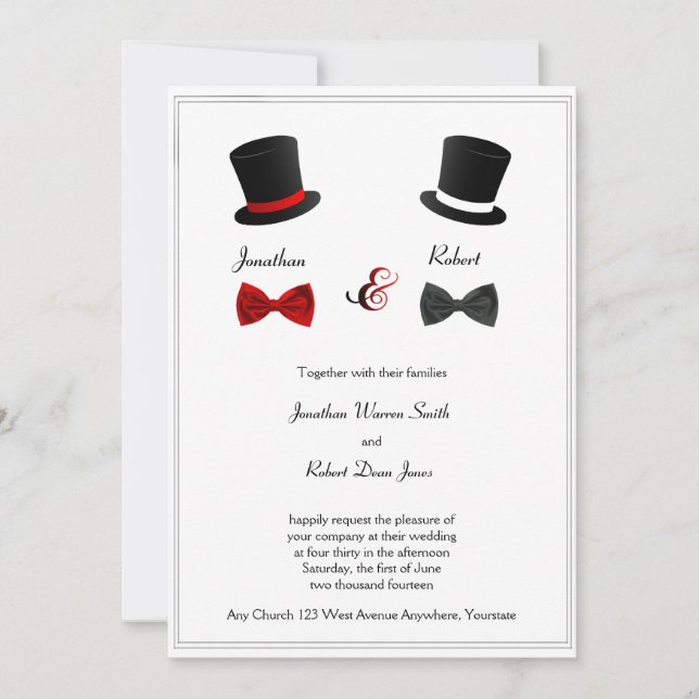 Top Hats and Bow Ties Gay Wedding Invitation (Front)