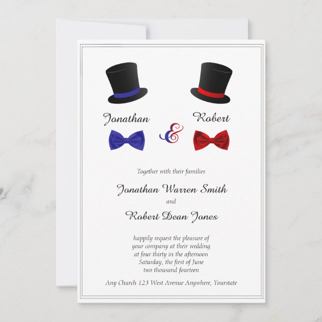 Top Hats and Bow Ties Gay Wedding Invitation (Front)