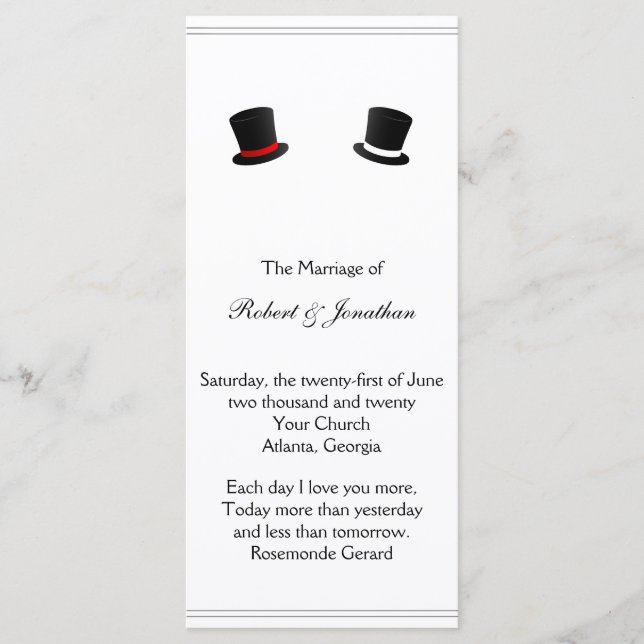 Top Hats and Bow Ties Gay Wedding Program Programme (Front)