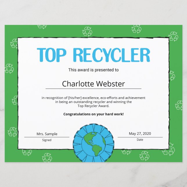 Top Recycler Certificate of Achievement PDF (Front)
