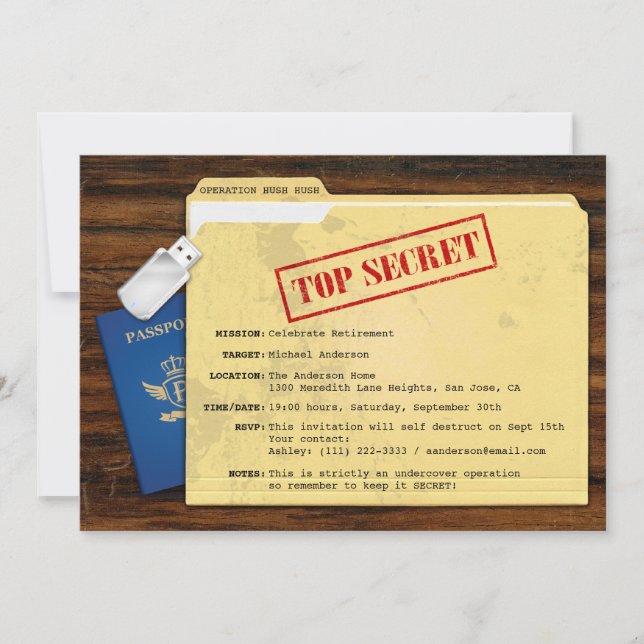 Top Secret Agent Mission Surprise Retirement Party Invitation (Front)