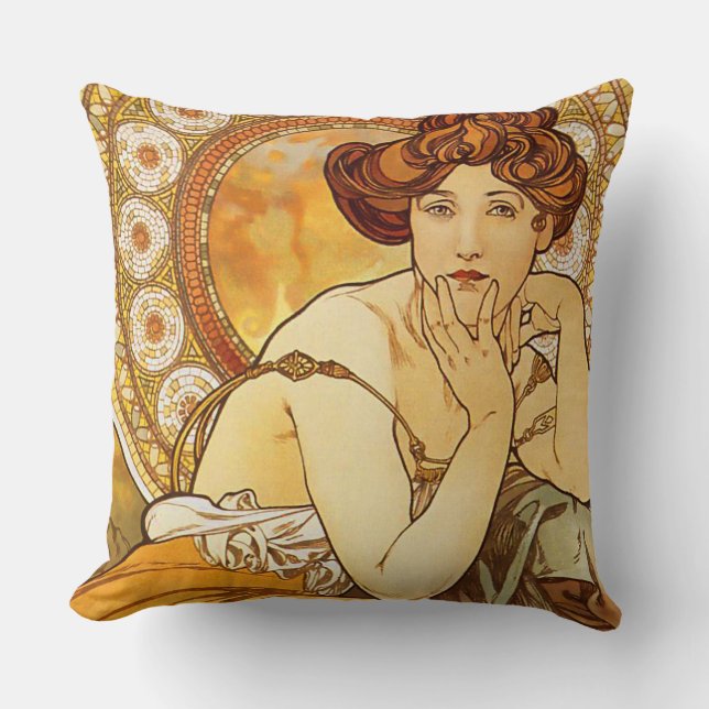 Topaz Gems Series, Alphonse Mucha Art Nouveau Cushion (Front)