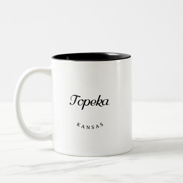 Topeka Kansas Black Font Two-Tone Coffee Mug (Left)