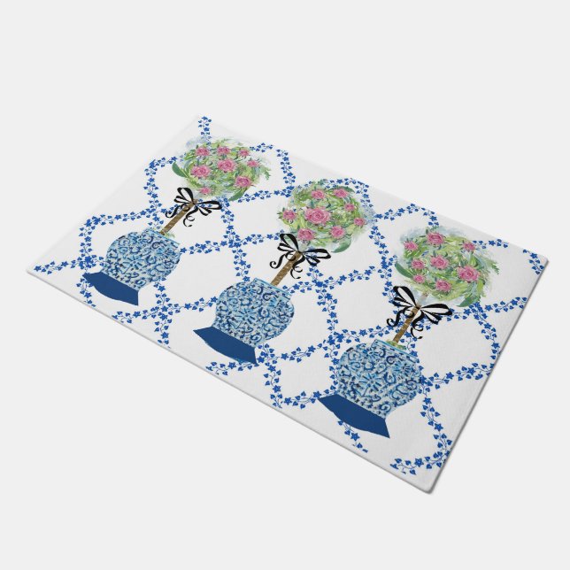 Topiary Blue Roses Ginger Jars Jar Mat Doormat Rug (Angled)