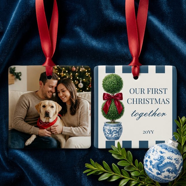 Topiary Bow Stripe First Christmas Together Ceramic Ornament (First Christmas photo ornament - Grandmillennial Topiary Chinoiserie holiday set by Darling & May)