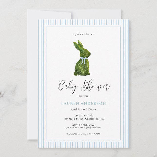 Topiary Bunny Blue Baby Boy Shower  Invitation (Front)