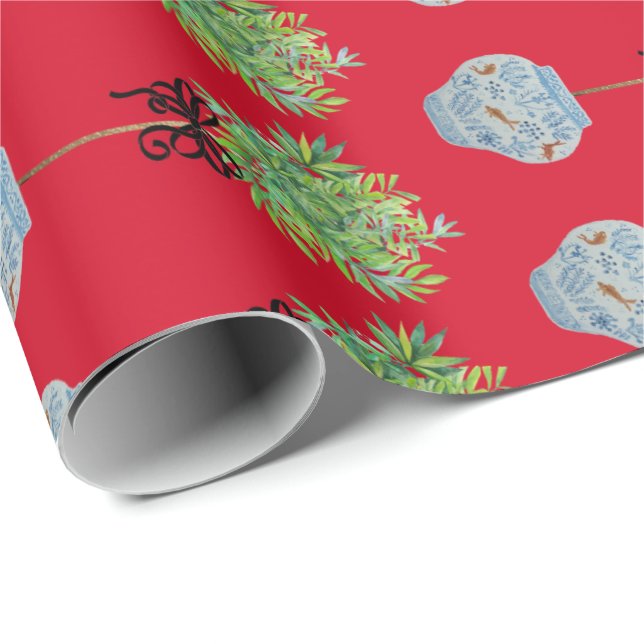 Topiary Topiaries Blue and White Ginger Jar Wrapping Paper (Roll Corner)