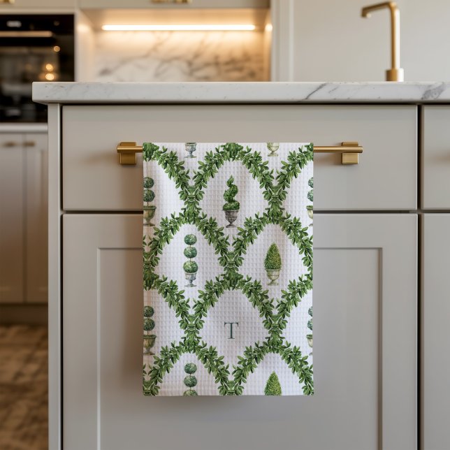 Topiary Tree Trellis Monogrammed  Tea Towel (Topiary tree trellis kitchen towel)
