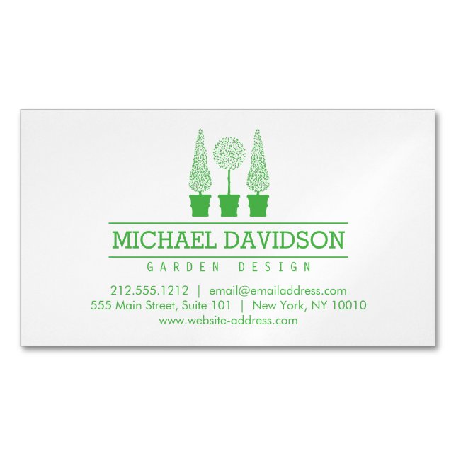 Topiary Trio Gardener Landscaping Bright Green Magnetic Business Card (Front)
