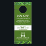Topiary Trio Gardener Landscaping Green/White Door Hanger<br><div class="desc">A trio of topiaries create an eye-catching design motif on this promotional door hanger for landscapers or gardeners. Update the text fields with your own unique discount or offering. This double-sided door hanger provides plenty of space to list your services, contact info and additional details. A great way to enhance...</div>