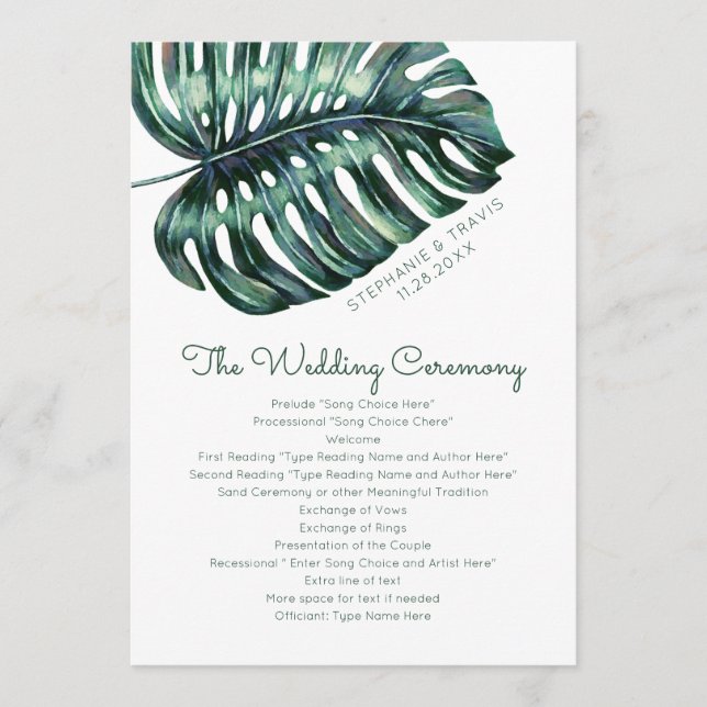 Topical Monstera Leaf Beach Island Wedding Program Programme (Front)