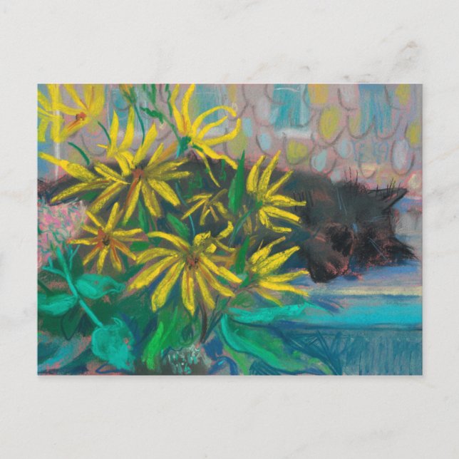 Topinambour Dreams Black Cat Yellow Flowers Pastel Postcard (Front)