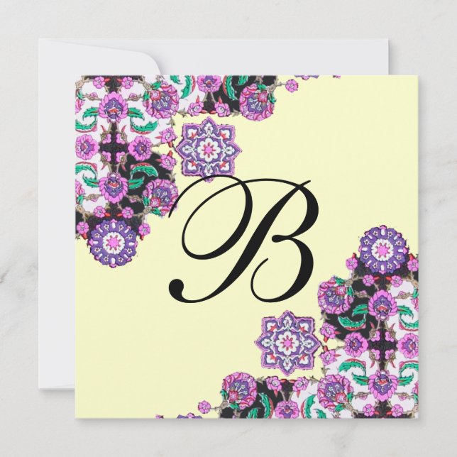 TOPKAPI BLACK  WHITE DAMASK MONOGRAM pink gold Invitation (Front)