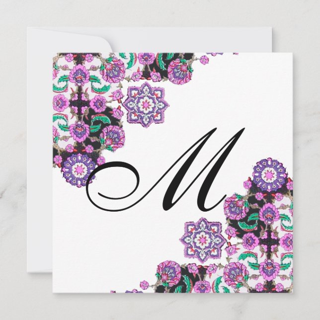 TOPKAPI BLACK  WHITE DAMASK MONOGRAM pink silver Invitation (Front)