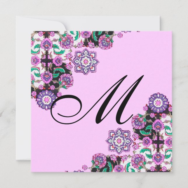 TOPKAPI BLACK  WHITE DAMASK MONOGRAM pink silver Invitation (Front)