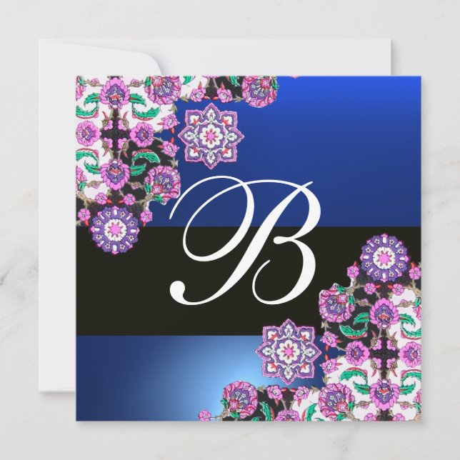 TOPKAPI BLUE BLACK  DAMASK MONOGRAM pink white Invitation (Front)