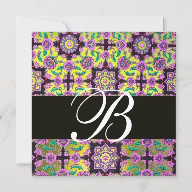 TOPKAPI YELLOW  BLACK  DAMASK MONOGRAM pink green Invitation (Front)