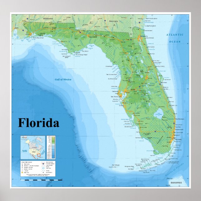Topographic Map of the American State of Florida Poster (Front)