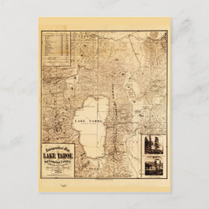 Topographical map of Lake Tahoe (1874) Postcard