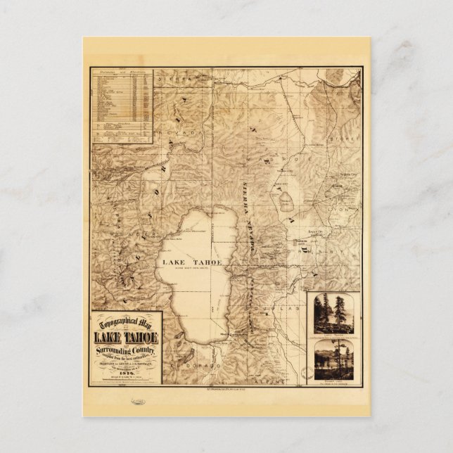 Topographical map of Lake Tahoe (1874) Postcard (Front)