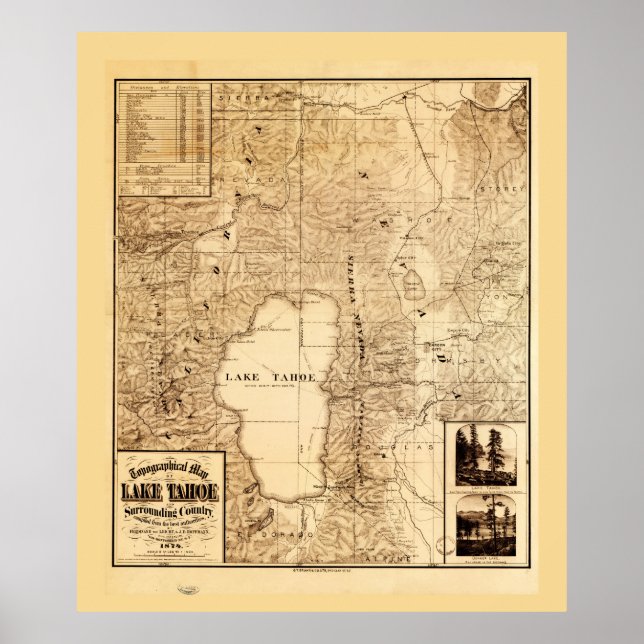 Topographical map of Lake Tahoe (1874) Poster (Front)