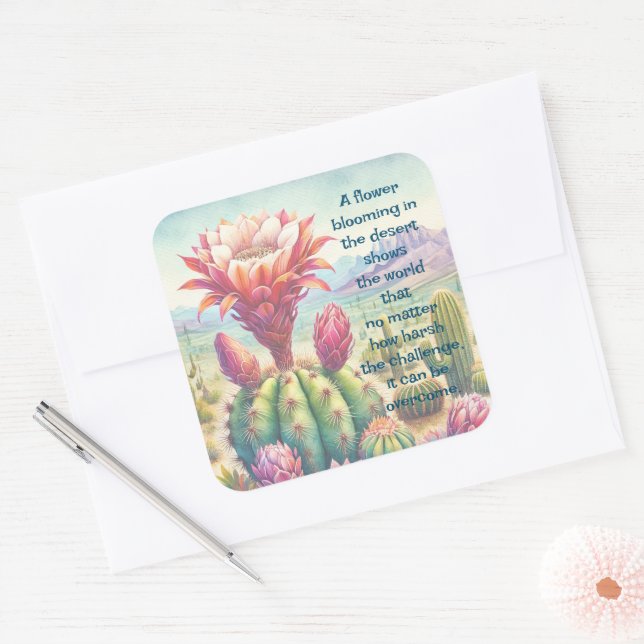 Torch Cactus Flower & Quote Square Sticker (Envelope)