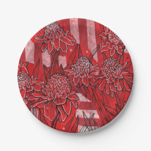 Torch Ginger Lily, Red Flowers Tropical Floral Art Paper Plate