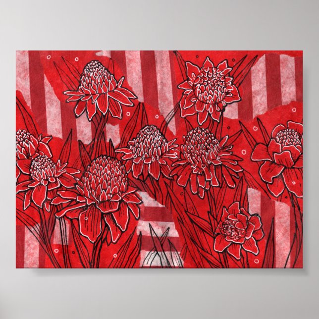 Torch Ginger Lily, Red Flowers Tropical Floral Art Poster (Front)