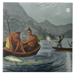 Torch Light Fishing in North America, engraved by Tile